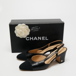 مملوكة مسبقًا Chanel Black Leather and Canvas CC Cap toe Slingback Block Heel Sandals Size 38