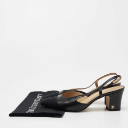 Pre Owned Chanel Black Leather CC Cap Toe Block Heel Slingback  Pumps Size 37