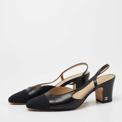 Pre Owned Chanel Black Leather CC Cap Toe Block Heel Slingback  Pumps Size 37