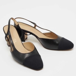 Pre Owned Chanel Black Leather CC Cap Toe Block Heel Slingback  Pumps Size 37