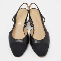 Pre Owned Chanel Black Leather CC Cap Toe Block Heel Slingback  Pumps Size 37