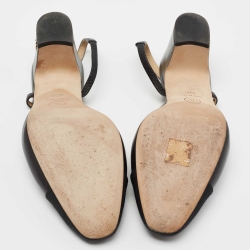 Pre Owned Chanel Black Leather CC Cap Toe Block Heel Slingback  Pumps Size 37