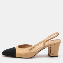 Chanel Beige/Black Leather and Canvas CC Cap Toe Block Heel Slingback Pumps  Size 39.5 Chanel