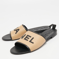 Pre Owned Chanel Black/Beige Leather Logo Slide Sandals Size 40.5