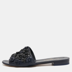 Chanel Navy Blue Leather Camelia Flat Slides Size 37.5