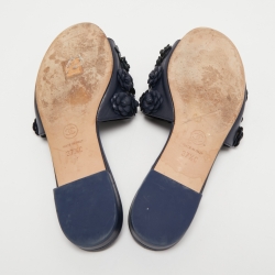 Chanel Navy Blue Leather Camelia Flat Slides Size 37.5