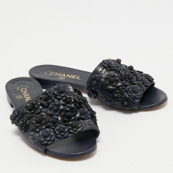 Chanel Navy Blue Leather Camelia Flat Slides Size 37.5