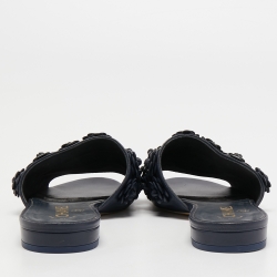 Chanel Navy Blue Leather Camelia Flat Slides Size 37.5
