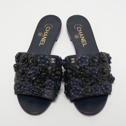 Chanel Navy Blue Leather Camelia Flat Slides Size 37.5