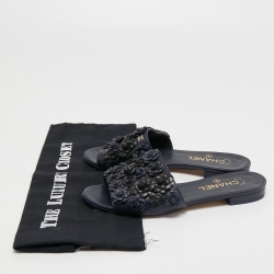 Chanel Navy Blue Leather Camelia Flat Slides Size 37.5