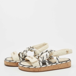 Chanel Tricolor Quilted Leather and Woven Fabric Logo Slingback Sandals Size 39