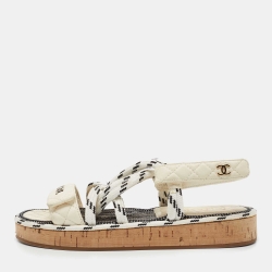 Chanel Tricolor Quilted Leather and Woven Fabric Logo Slingback Sandals Size 39