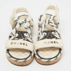 Chanel Tricolor Quilted Leather and Woven Fabric Logo Slingback Sandals Size 39