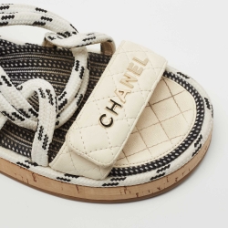 Chanel Tricolor Quilted Leather and Woven Fabric Logo Slingback Sandals Size 39
