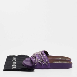 Pre Owned Chanel Purple Satin Tropiconic Chain Link Slides Size 37