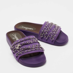 Pre Owned Chanel Purple Satin Tropiconic Chain Link Slides Size 37