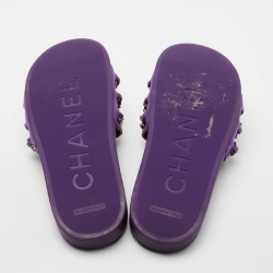 Pre Owned Chanel Purple Satin Tropiconic Chain Link Slides Size 37