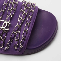 Pre Owned Chanel Purple Satin Tropiconic Chain Link Slides Size 37