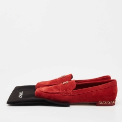 Pre Owned Chanel Red Suede CC Chain Loafers Size 39