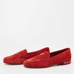 Pre Owned Chanel Red Suede CC Chain Loafers Size 39