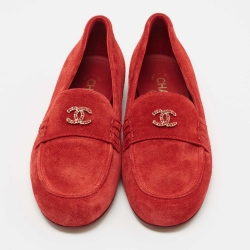 Pre Owned Chanel Red Suede CC Chain Loafers Size 39