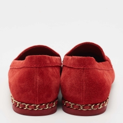 Pre Owned Chanel Red Suede CC Chain Loafers Size 39