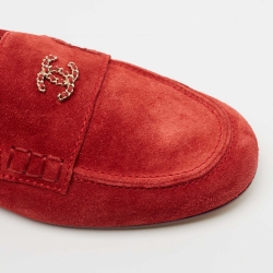 Pre Owned Chanel Red Suede CC Chain Loafers Size 39
