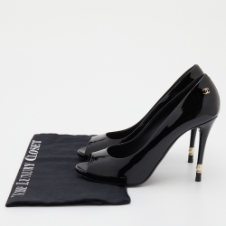 Chanel Black Patent Leather CC Pearl Embellished Heel Peep Toe Pumps Size 38.5