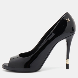 Chanel Black Patent Leather CC Pearl Embellished Heel Peep Toe Pumps Size 38.5