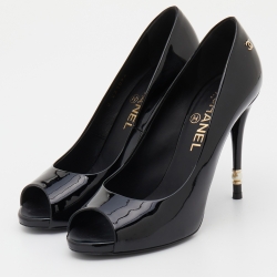 Chanel Black Patent Leather CC Pearl Embellished Heel Peep Toe Pumps Size 38.5