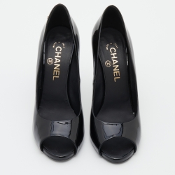 Chanel Black Patent Leather CC Pearl Embellished Heel Peep Toe Pumps Size 38.5