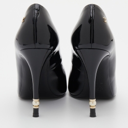 Chanel Black Patent Leather CC Pearl Embellished Heel Peep Toe Pumps Size 38.5