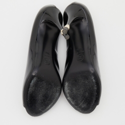 Chanel Black Patent Leather CC Pearl Embellished Heel Peep Toe Pumps Size 38.5