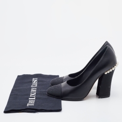 Pre Owned Chanel Black Leather and Fabric CC Cap Toe Pearl Embellished Block Heel Pumps Size 36.5