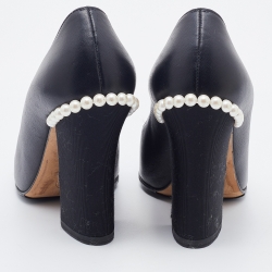 Pre Owned Chanel Black Leather and Fabric CC Cap Toe Pearl Embellished Block Heel Pumps Size 36.5
