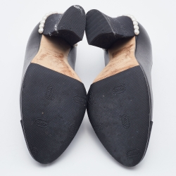 Pre Owned Chanel Black Leather and Fabric CC Cap Toe Pearl Embellished Block Heel Pumps Size 36.5