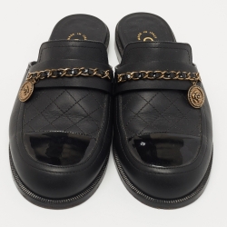 Pre Owned Chanel Black Leather and Patent Chain Detail Mules Size 38
