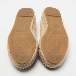 Pre Owned Chanel Beige/Black Suede CC Pearl Espadrille Flats Size 37
