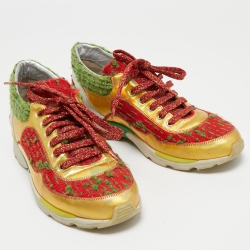Pre Owned Chanel Multicolor Leather and Tweed CC Low Top Sneakers Size 39