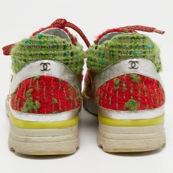 Pre Owned Chanel Multicolor Leather and Tweed CC Low Top Sneakers Size 39