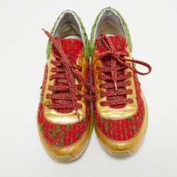 Pre Owned Chanel Multicolor Leather and Tweed CC Low Top Sneakers Size 39