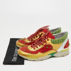 Pre Owned Chanel Multicolor Leather and Tweed CC Low Top Sneakers Size 39