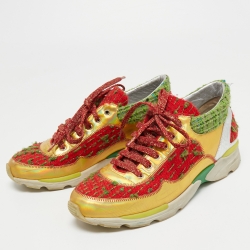 Pre Owned Chanel Multicolor Leather and Tweed CC Low Top Sneakers Size 39
