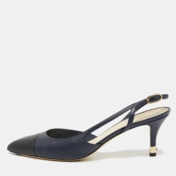Pre Owned Chanel Navy Blue/Black Leather Cap Toe Slingback Pumps Size 41