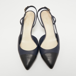 Pre Owned Chanel Navy Blue/Black Leather Cap Toe Slingback Pumps Size 41
