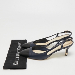 Pre Owned Chanel Navy Blue/Black Leather Cap Toe Slingback Pumps Size 41