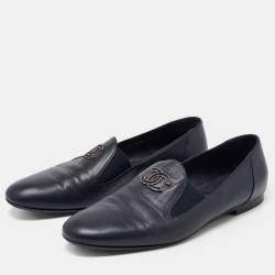 Chanel Navy Blue Leather CC Slip On Loafers Size 41