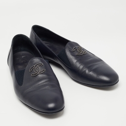Chanel Navy Blue Leather CC Slip On Loafers Size 41