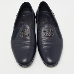 Chanel Navy Blue Leather CC Slip On Loafers Size 41