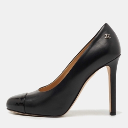 Pre Owned Chanel Black Patent and Leather Cap Toe Pumps Size 36.5